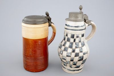 A stoneware jug and a Köln pewter-mounted jug, 18th c.