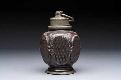 A stoneware pewter-mounted screw cap bottle, probably Muskau, Germany, 18th C.