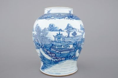 A tall blue and white Chinese porcelain landscape vase, early 18th C.