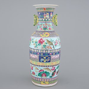 A tall Chinese famille rose vase with birds among flowers between colored bands of symbolim, 19th C. — 照片 1