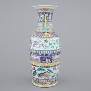 A tall Chinese famille rose vase with birds among flowers between colored bands of symbolim, 19th C. — 照片 2