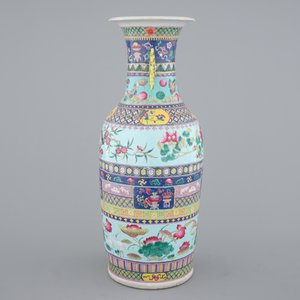 A tall Chinese famille rose vase with birds among flowers between colored bands of symbolim, 19th C. — 照片 4