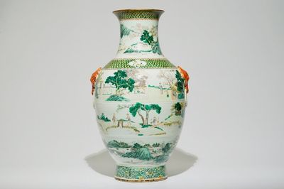 A tall Chinese famille verte vase with landscape and calligraphy design, 19th C.