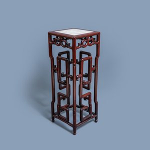 A tall Chinese marble-inlaid wooden stand, 20th C. — 照片 1