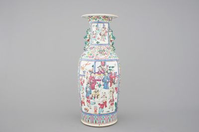 A tall Chinese porcelain famille rose vase with a figural scene, 19th C.