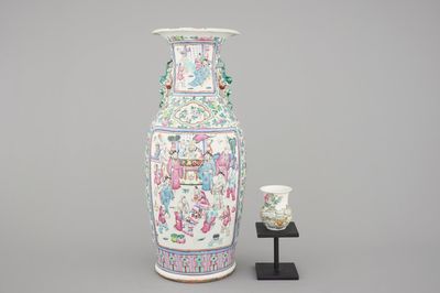 A tall Chinese porcelain famille rose vase with a figural scene and a small Qianjiang type vase, 19th C.