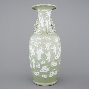 A tall Chinese porcelain white slip on celadon ground vase, 19/20th C. — photo 1