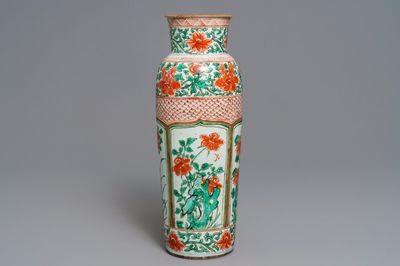 A tall Chinese wucai rouleau vase, Transitional period or Kangxi