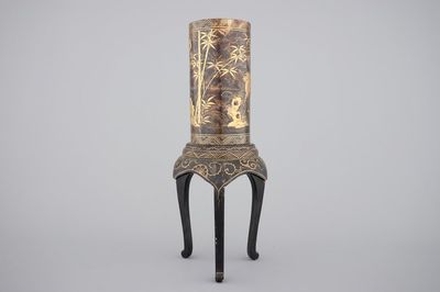 A tall Japanese gold-lacquered tortoise shell brush pot on tripod stand, Meiji, ca. 1880