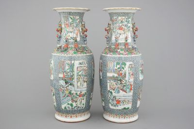A tall pair of Chinese Canton verte porcelain vases with figural scenes, 19th C.