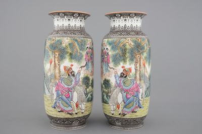 A tall pair of Chinese famille rose vases, Republic, 20th C.