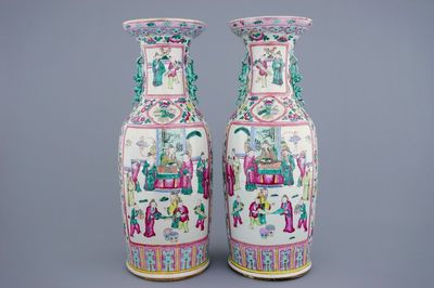 A tall pair of Chinese famille rose vases with court scenes, 19th C.