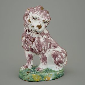 A tall polychrome Brussels faience model of a dog, 18th C. — 照片 1