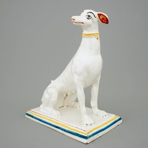 A tall polychrome Brussels faience model of a sighthound, 18th C. — 照片 1