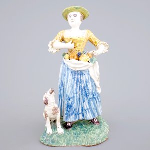 A tall polychrome pottery group of a lady with a dog, Nevers, 18th C. — photo 2