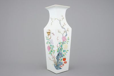 A tall square Chinese famille rose vase, 19th C.