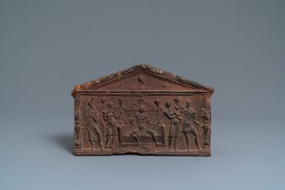 A terracotta fireplace top tile depicting 'The judgement of Salomon', Antwerp, dated 1577