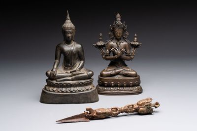 A Thai Buddha, a Sino-Tibetan bronze Bodhisattva and a Tibetan bronze and iron phurba, 18/19th C.
