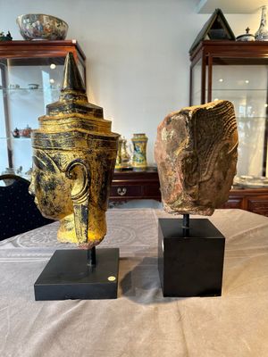 A Thai red sandstone head of Buddha and a lacquered and gilt stone head of Buddha, possibly Ayutthaya period, 15th C. — 照片 4