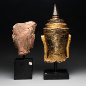 A Thai red sandstone head of Buddha and a lacquered and gilt stone head of Buddha, possibly Ayutthaya period, 15th C. — 照片 3