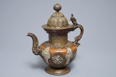 A Tibetan copper and silver teapot and cover, 19th C.