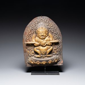 A Tibetan gilt copper 'Mahakala' plaque, 19th C. — photo 1