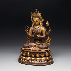 A Tibetan or Nepalese turquoise-inlaid partly-gilt bronze figure of White Tara, 20th C. — photo 1