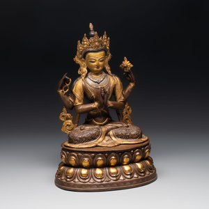 A Tibetan or Nepalese turquoise-inlaid partly-gilt bronze figure of White Tara, 20th C. — photo 2