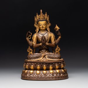 A Tibetan or Nepalese turquoise-inlaid partly-gilt bronze figure of White Tara, 20th C. — photo 3