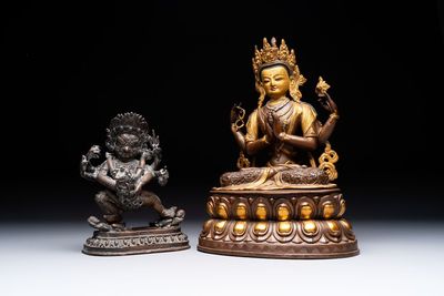 A Tibetan or Nepalese turquoise-inlaid partly-gilt bronze figure of White Tara and a figure of Makahala, 20th C.