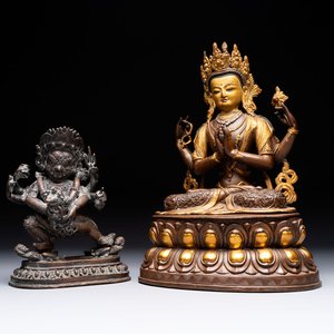 A Tibetan or Nepalese turquoise-inlaid partly-gilt bronze figure of White Tara and a figure of Makahala, 20th C. — 照片 1