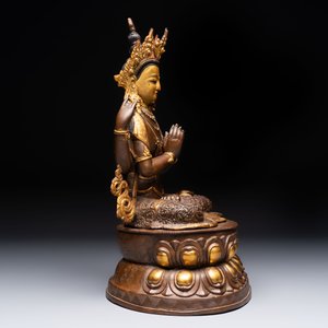 A Tibetan or Nepalese turquoise-inlaid partly-gilt bronze figure of White Tara and a figure of Makahala, 20th C. — 照片 13