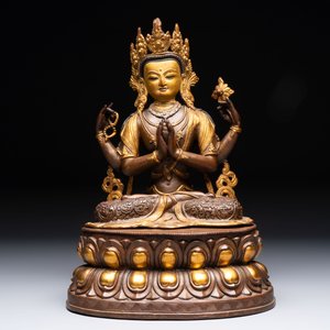 A Tibetan or Nepalese turquoise-inlaid partly-gilt bronze figure of White Tara and a figure of Makahala, 20th C. — 照片 10