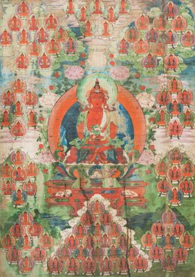 A Tibetan thangka of Amitayus surrounded by one hundred Buddhas, 19th C.