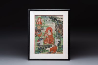 A Tibetan thangka with a seated Luohan, 18/19th C.