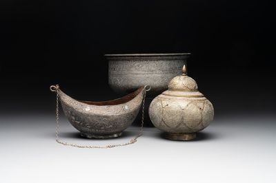 A tinned copper 'kashkul' or begging bowl, a calligraphic bowl and a brass covered jar, Iran, 18/19th C.
