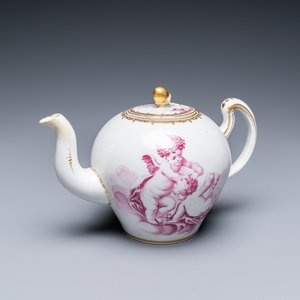 A Tournai porcelain teapot and cover with purple and gilt design of putti, gilt swords and crosses mark, ca. 1765 — photo 1