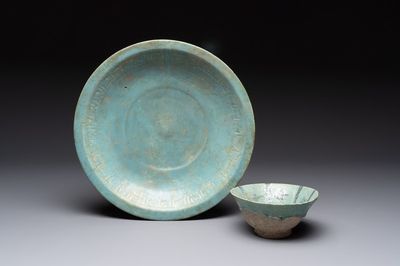 A turquoise-glazed calligraphic dish and a bowl, Kashan, 13/14th C.