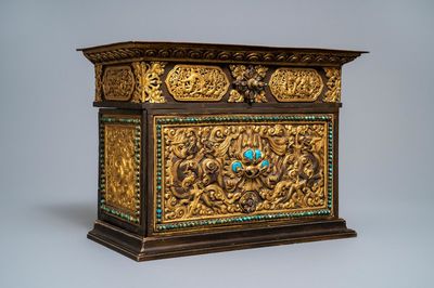 A turquoise-inlaid gilt bronze and copper repoussé 'tepchog' folding altar table, Tibet, 19th C.