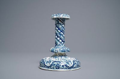 A twisted Dutch Delft blue and white candlestick, late 17th C.