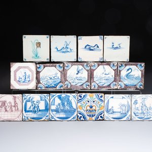 A varied collection of 15 polychrome, blue, white and manganese Dutch Delft tiles, 17/19th C. — photo 1
