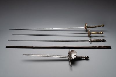A varied collection of 4 European swords and a walking stick-blade, 17/19th C.