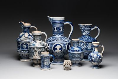 A varied collection of 8 Westerwald stoneware jugs, 19th C.