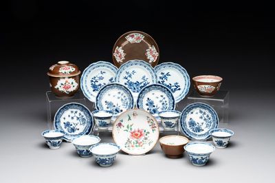 A varied collection of Chinese blue and white, and famille rose tea wares, Qianlong