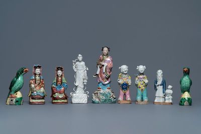 A varied collection of Chinese famille rose, blue and white and blanc de Chine figures, 18th C. and later