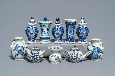 A varied collection of Dutch Delft blue and white miniatures, mostly 18th C.