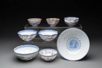 A varied collection of eight Chinese famille rose eggshell bowls, Jingdezhen mark, 20th C.