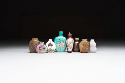 A varied collection of eight Chinese snuff bottles, Qianlong mark, 20th C.