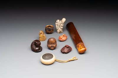 A varied collection of eight Japanese netsukes and a wooden case, signed Daimyo 大明, Hinode 日出 and Chikusen 竹仙, 19th C.
