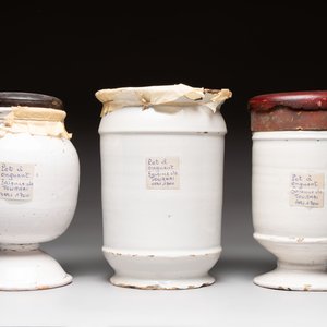 A varied collection of five blue and white faience pharmacy jars and a wet drug jar, Delft, Brussels and Lille, 18th C. — foto 4